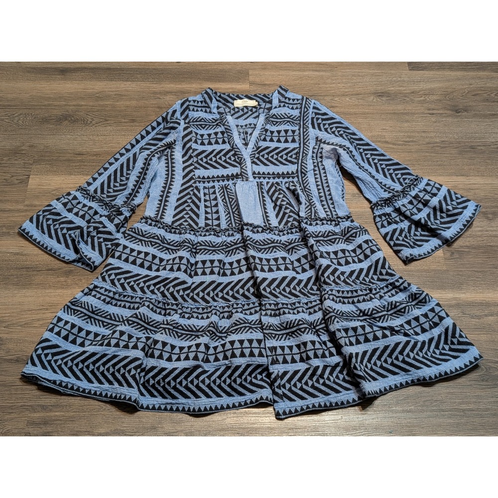 Devotion Twins Blue Black Geometric Print Tieredâ Bell Sleeve Mini Dress Small